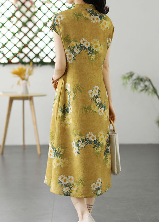 Retro Yellow Stand Collar Button Patchwork Linen Dresses Summer