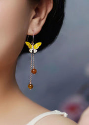 Retro Yellow Sterling Silver Agate Butterfly Tassel Drop Earrings