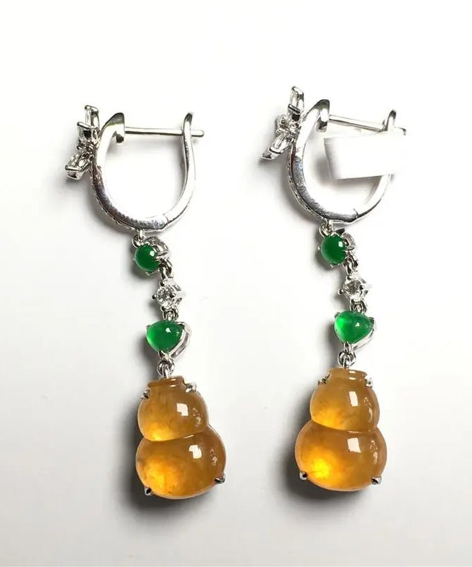 Retro Yellow Sterling Silver Zircon Jade Gourd Drop Earrings