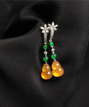 Retro Yellow Sterling Silver Zircon Jade Gourd Drop Earrings