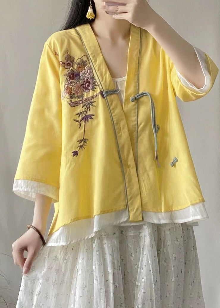 Retro Yellow V Neck Embroideried Short Linen Cardigans Spring