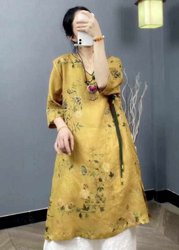 Retro Yellow V Neck Print Tasseled Linen Mid Dresses Summer
