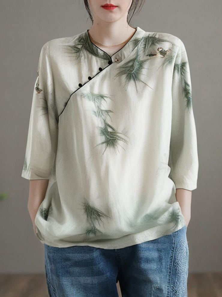 Grace Green Stand Collar Embroidered Linen Shirt Top Summer