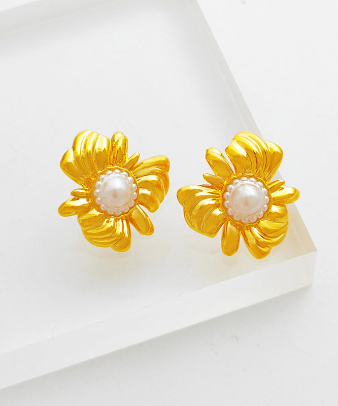 Retrol Gold Asymmetrical Copper Gold Plated Pearl Stud Earrings