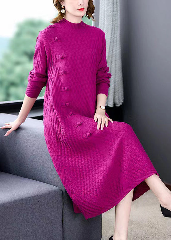 Rose Button Woolen Knitted Winter Dress O-Neck