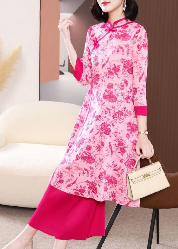 Rose Chinese Style Dress Two Piece Set Mandarin Collar Chinese Button Summer