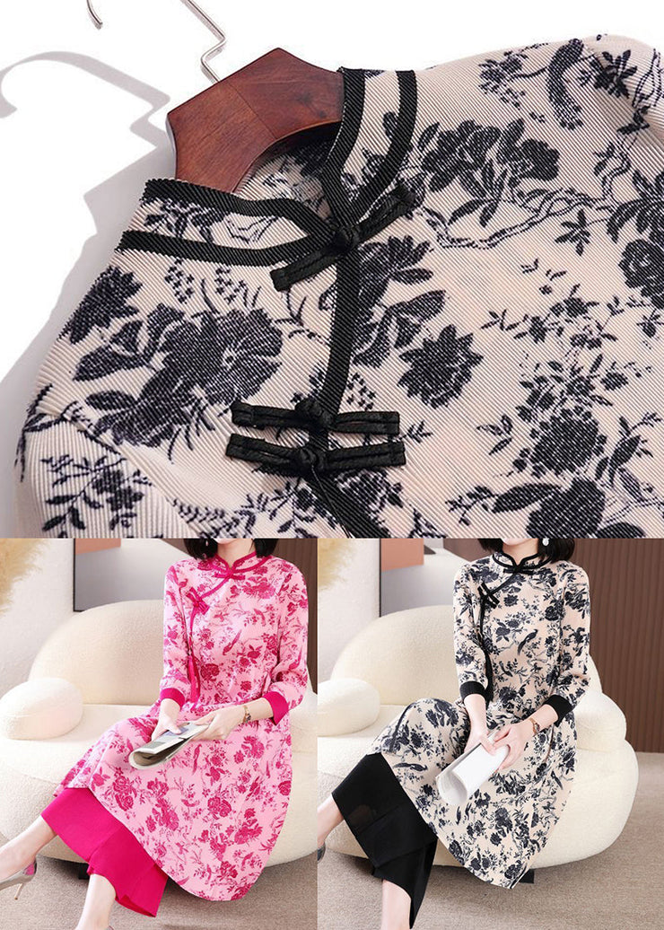 Rose Chinese Style Dress Two Piece Set Mandarin Collar Chinese Button Summer