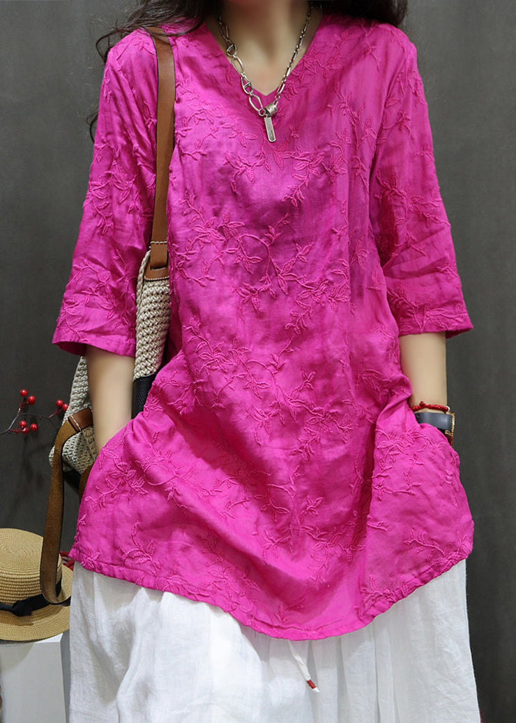 Rose Embroidered Linen Shirts V Neck Bracelet Sleeve