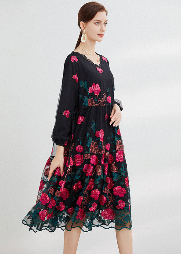 Rose Floral Tulle Maxi Dress O-Neck Embroideried Long Sleeve