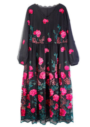 Rose Floral Tulle Maxi Dress O-Neck Embroideried Long Sleeve