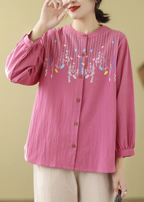 Rose Linen Top Embroidered Stand Collar Button Long Sleeve