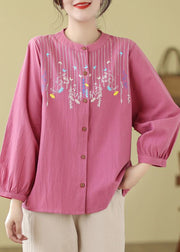 Rose Linen Top Embroidered Stand Collar Button Long Sleeve