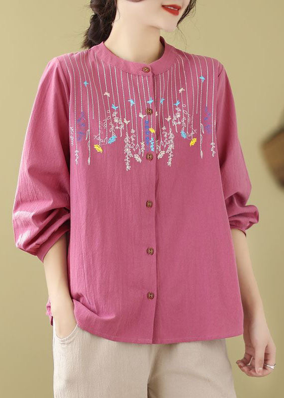 Rose Linen Top Embroidered Stand Collar Button Long Sleeve