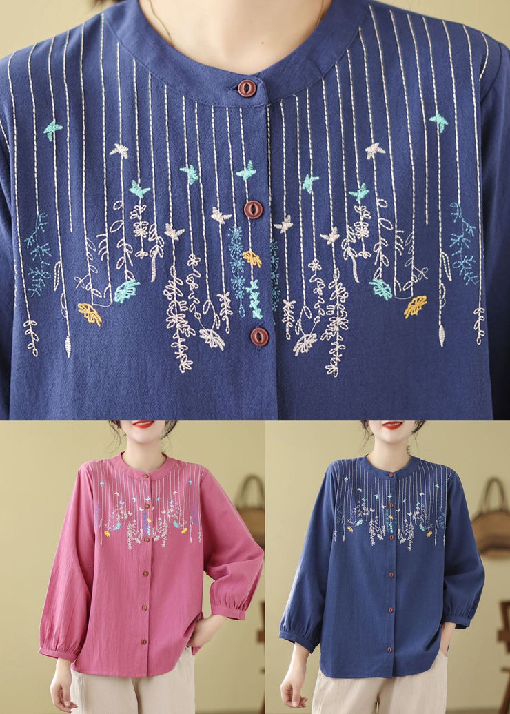 Rose Linen Top Embroidered Stand Collar Button Long Sleeve