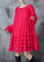 Rose Loose Tulle Holiday Dress Ruffled Flare Sleeve