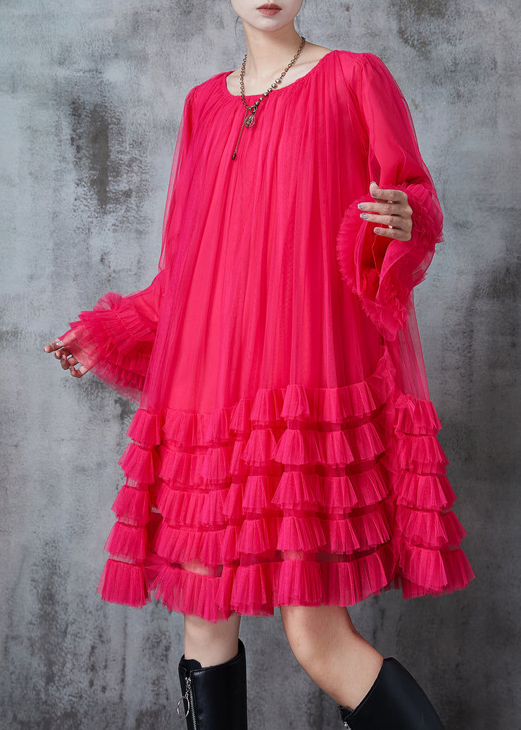 Rose Loose Tulle Holiday Dress Ruffled Flare Sleeve