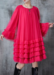 Rose Loose Tulle Holiday Dress Ruffled Flare Sleeve