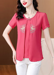 Rose Patchwork Chiffon Shirts Embroidered False Two Pieces Summer