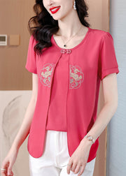 Rose Patchwork Chiffon Shirts Embroidered False Two Pieces Summer