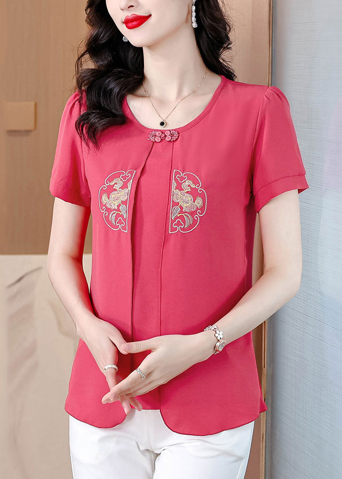 Rose Patchwork Chiffon Shirts Embroidered False Two Pieces Summer