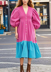 Rose Patchwork Corduroy Long Dresses V Neck Puff Sleeve