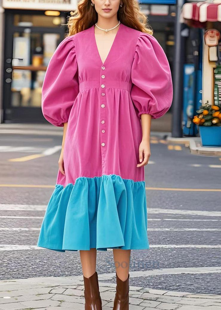 Rose Patchwork Corduroy Long Dresses V Neck Puff Sleeve