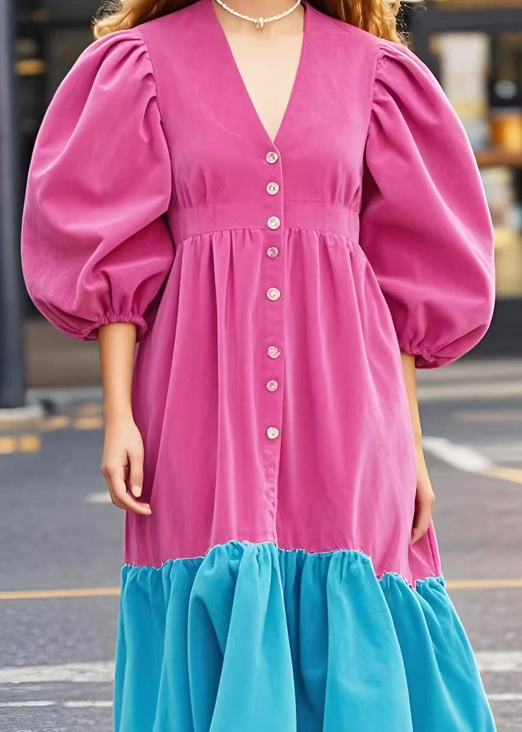 Rose Patchwork Corduroy Long Dresses V Neck Puff Sleeve