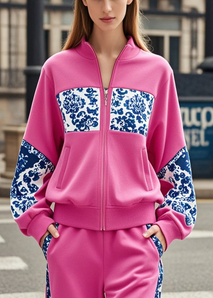 Rose Patchwork Cotton Coats Zip Up Print Fall