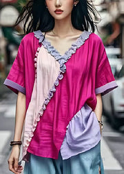 Rose Patchwork Cotton Shirt Tops Ruffled Summer