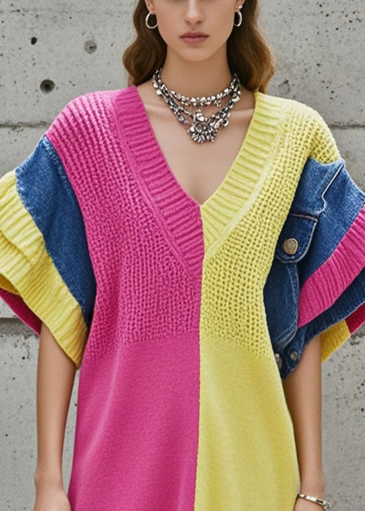 Rose Patchwork Knit Sweater V Neck Butterfly Sleeve