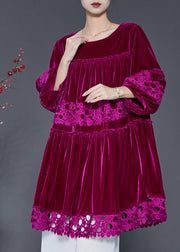 Rose Patchwork Lace Silk Velvet Dress Oversized Lantern Sleeve