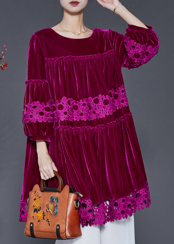 Rose Patchwork Lace Silk Velvet Dress Oversized Lantern Sleeve