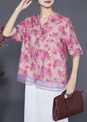 Rose Patchwork Organza Linen Silk Shirt V Neck Print Half Sleeve