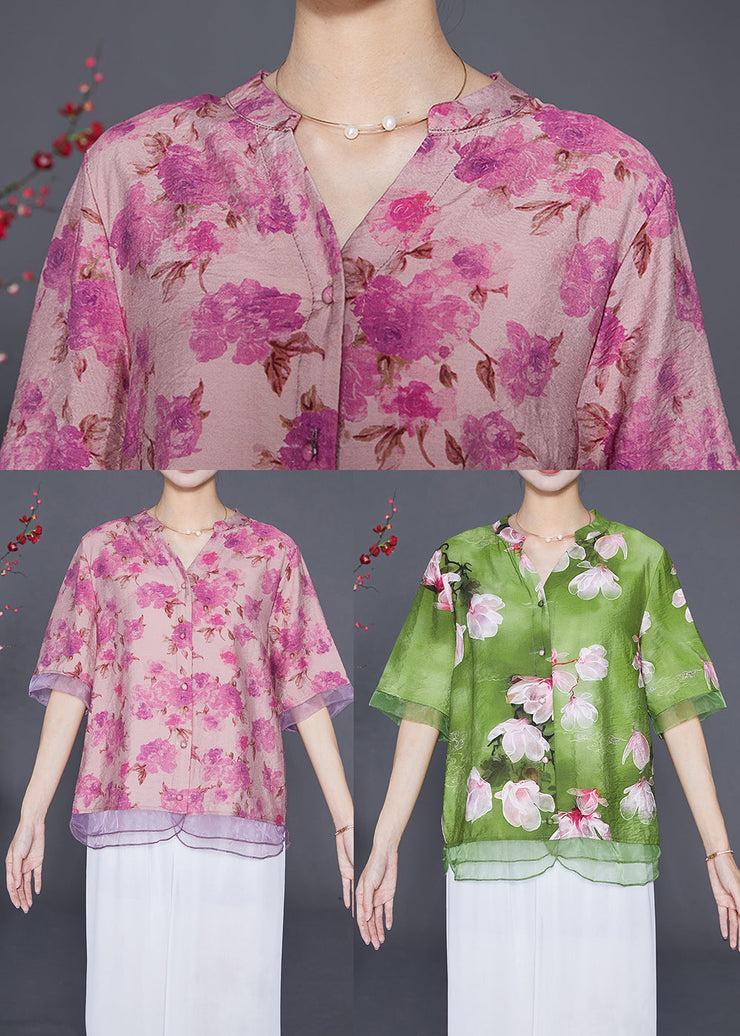 Rose Patchwork Organza Linen Silk Shirt V Neck Print Half Sleeve