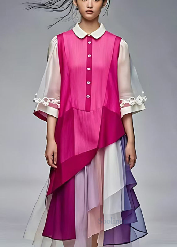 Rose Patchwork Silk Dresses Peter Pan Collar Summer