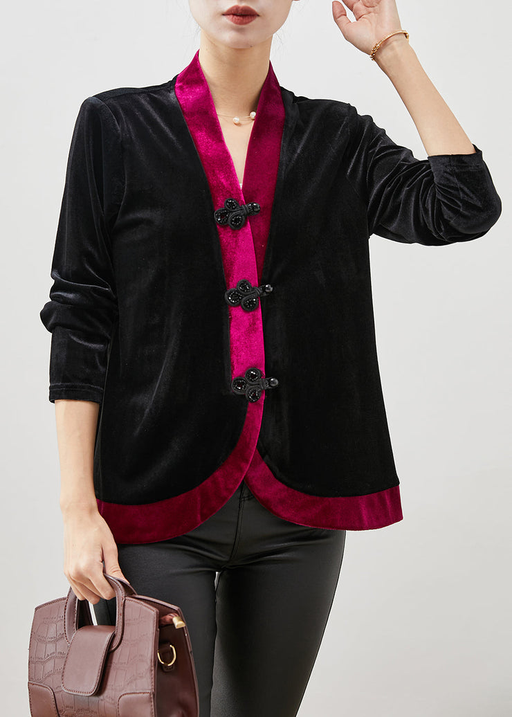 Rose Patchwork Silk Velour Blouse Chinese Button Spring