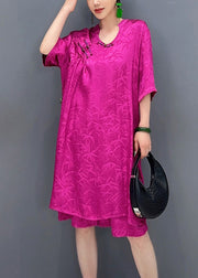 Rose Patchwork Silk Women Sets 2 Pieces Chinese Button Summer