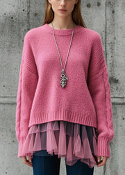 Rose Patchwork Tulle Knit Sweater Oversized Thick Fall