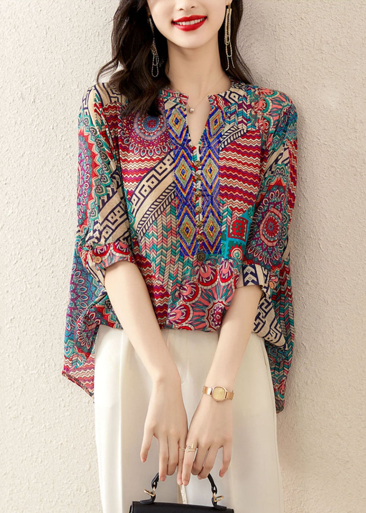 Rose Print Patchwork Chiffon Loose T Shirt Tops V Neck Summer