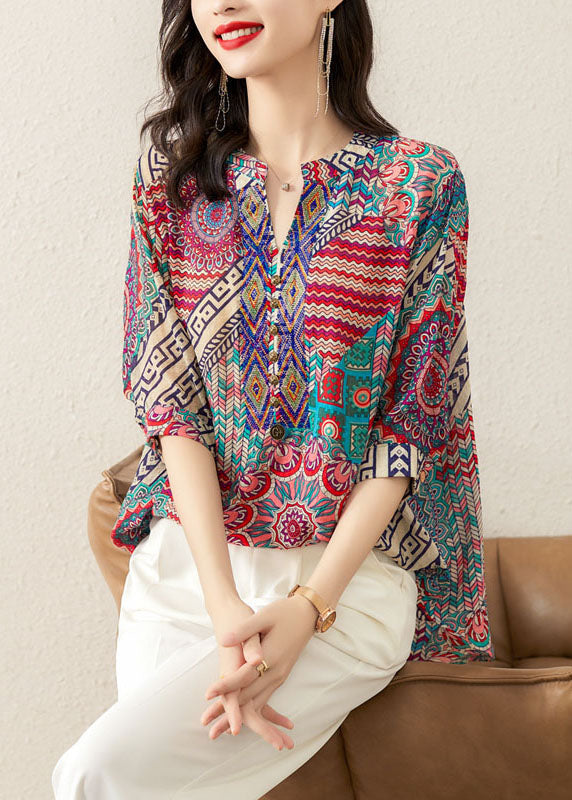 Rose Print Patchwork Chiffon Loose T Shirt Tops V Neck Summer