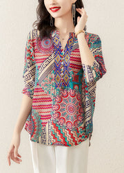 Rose Print Patchwork Chiffon Loose T Shirt Tops V Neck Summer