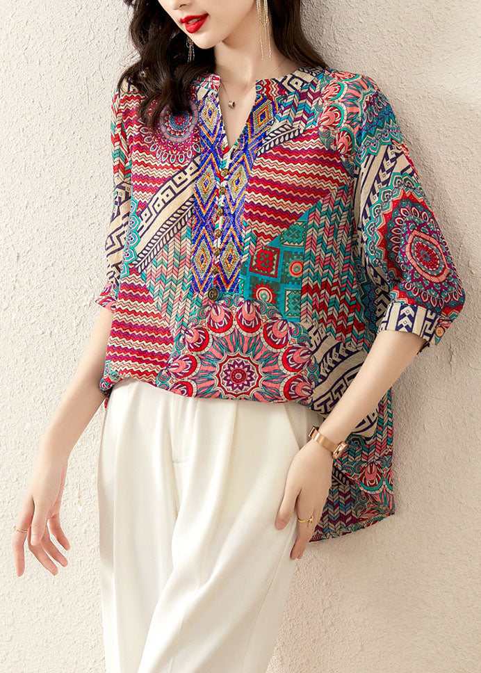 Rose Print Patchwork Chiffon Loose T Shirt Tops V Neck Summer