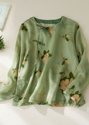 Rose Print Patchwork Cotton Top O Neck Chinese Button Long Sleeve