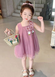 Rose Solid Tulle Girls Mid Dress Square Collar Summer