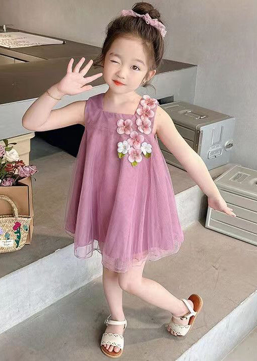 Rose Solid Tulle Girls Mid Dress Square Collar Summer