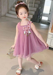 Rose Solid Tulle Girls Mid Dress Square Collar Summer