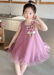 Rose Solid Tulle Girls Mid Dress Square Collar Summer