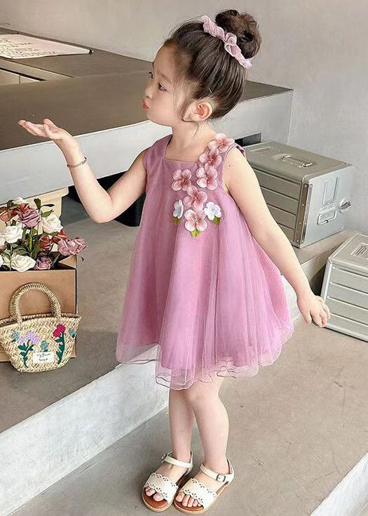 Rose Solid Tulle Girls Mid Dress Square Collar Summer