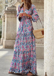 Rose Tie Waist Fall Maxi Dress V Neck