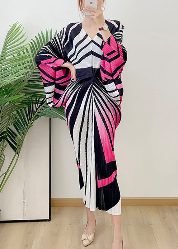 Rose V Neck Striped Wrinkled Maxi Dresses Long Sleeve